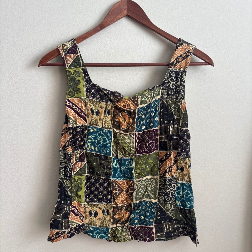 Vintage 1990's Jones New York Boho Cottage Core Patchwork Rayon Tank Cami Top